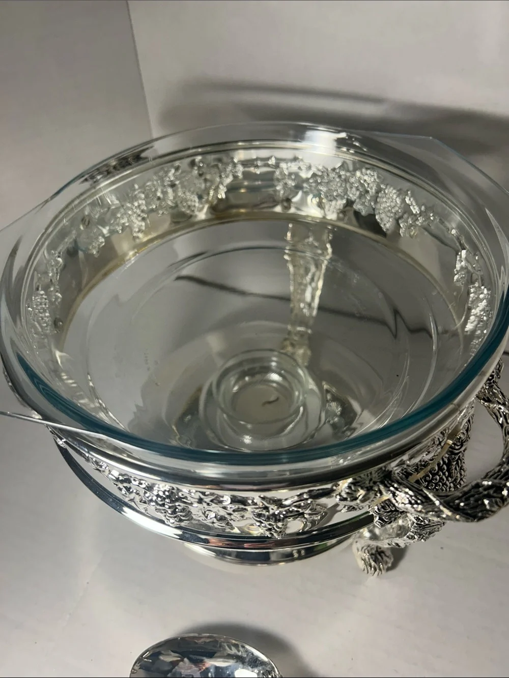 Silver Floral-Accent Glass Chafing Dish with Lid and Spoon